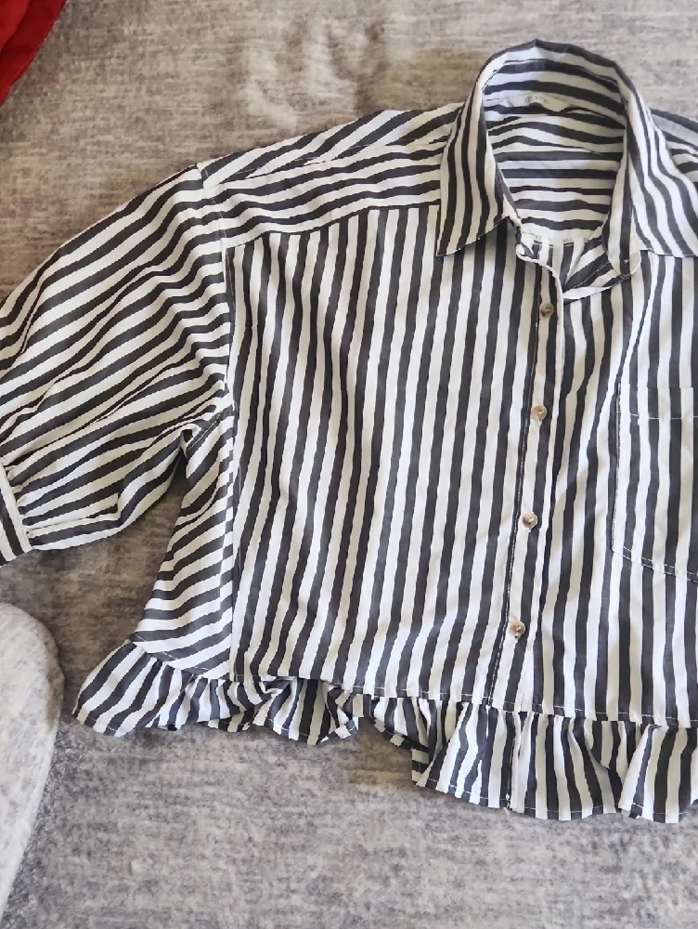 Women’s Black and White Stripe Ruffle Hem Blouse - Picture 3 of 3